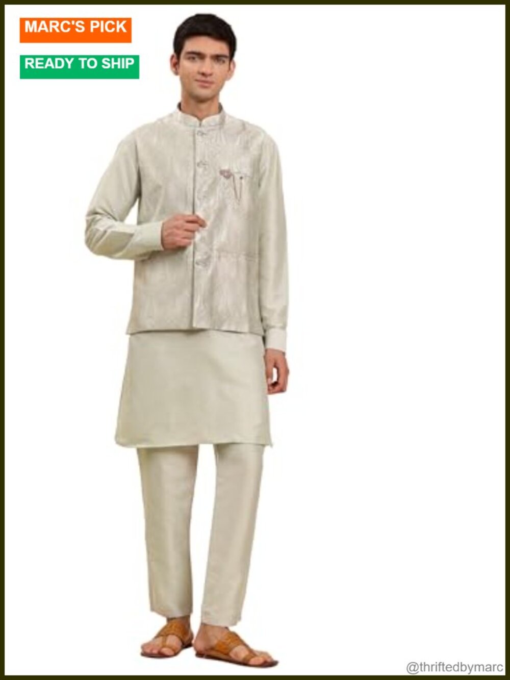 Men's Indian Kurta Set with Jacquard Silk Nehru Jacket, Heavy Cotton, Wedding
